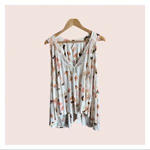Free People Floral Drapey Tank with Lace and Back Slit